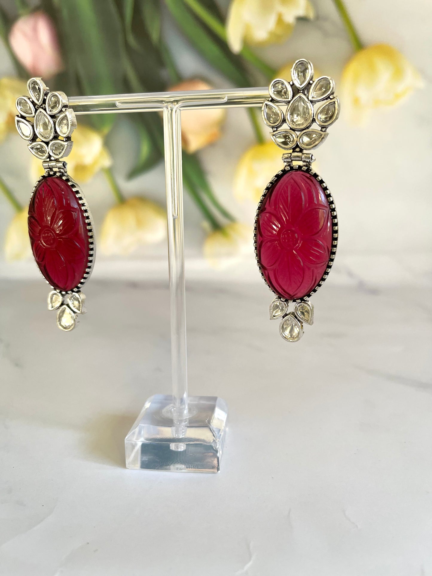 Uncut Polki & Carving Stone Earrings in Maroon - Mannatjewelz