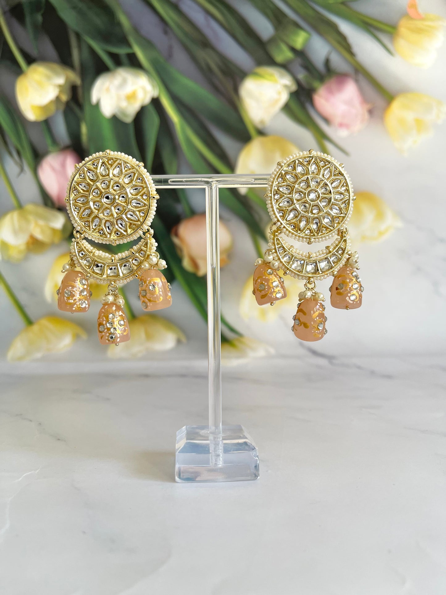 Kundan Earrings Peach - Mannatjewelz