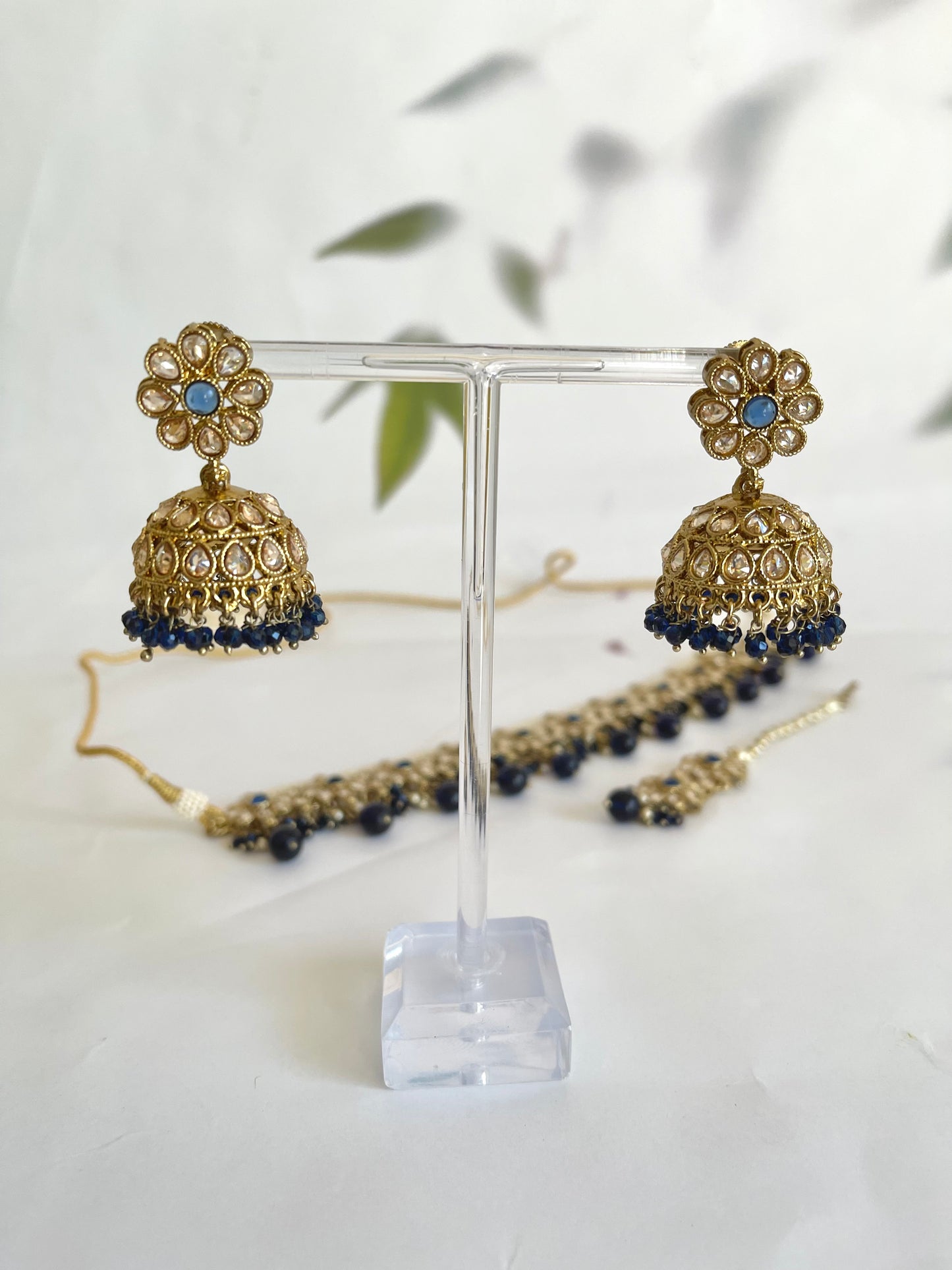 Polki Choker w/ Jhumki (Blue) - Mannatjewelz