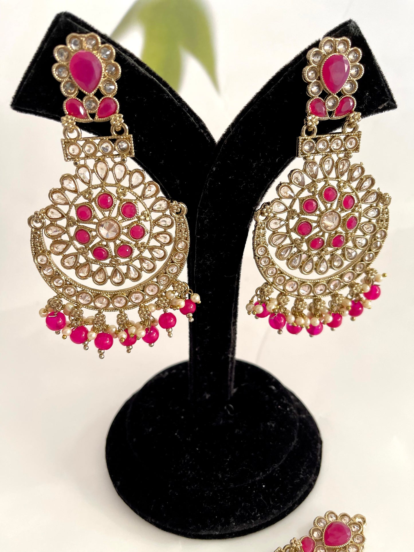 Polki Earrings & Tikka Set in Pink - Mannatjewelz