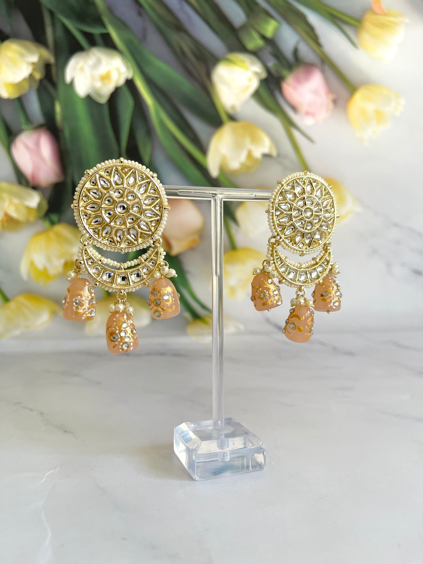 Kundan Earrings Peach - Mannatjewelz