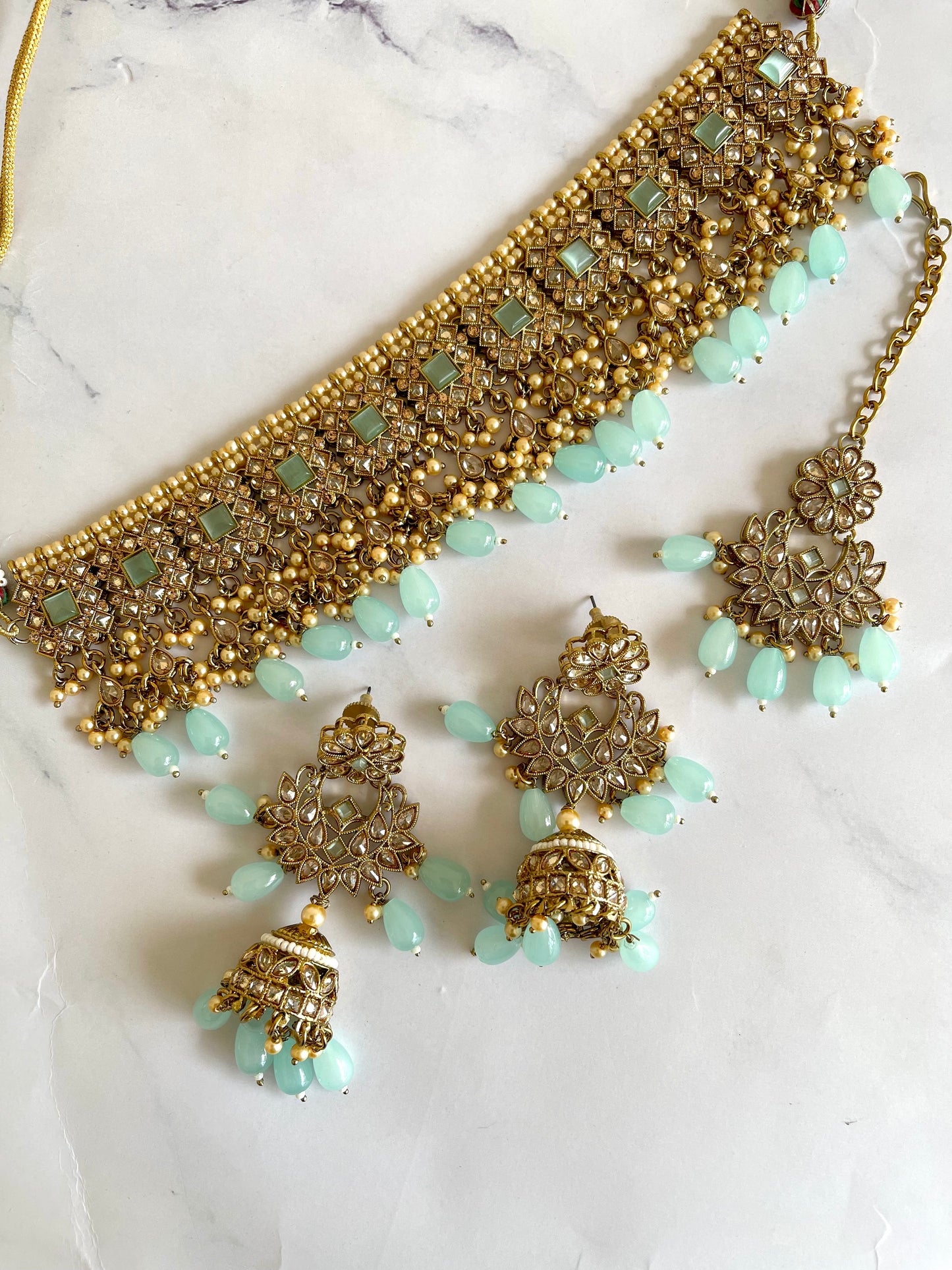 Polki Choker Set in Pastel Blue - Mannatjewelz