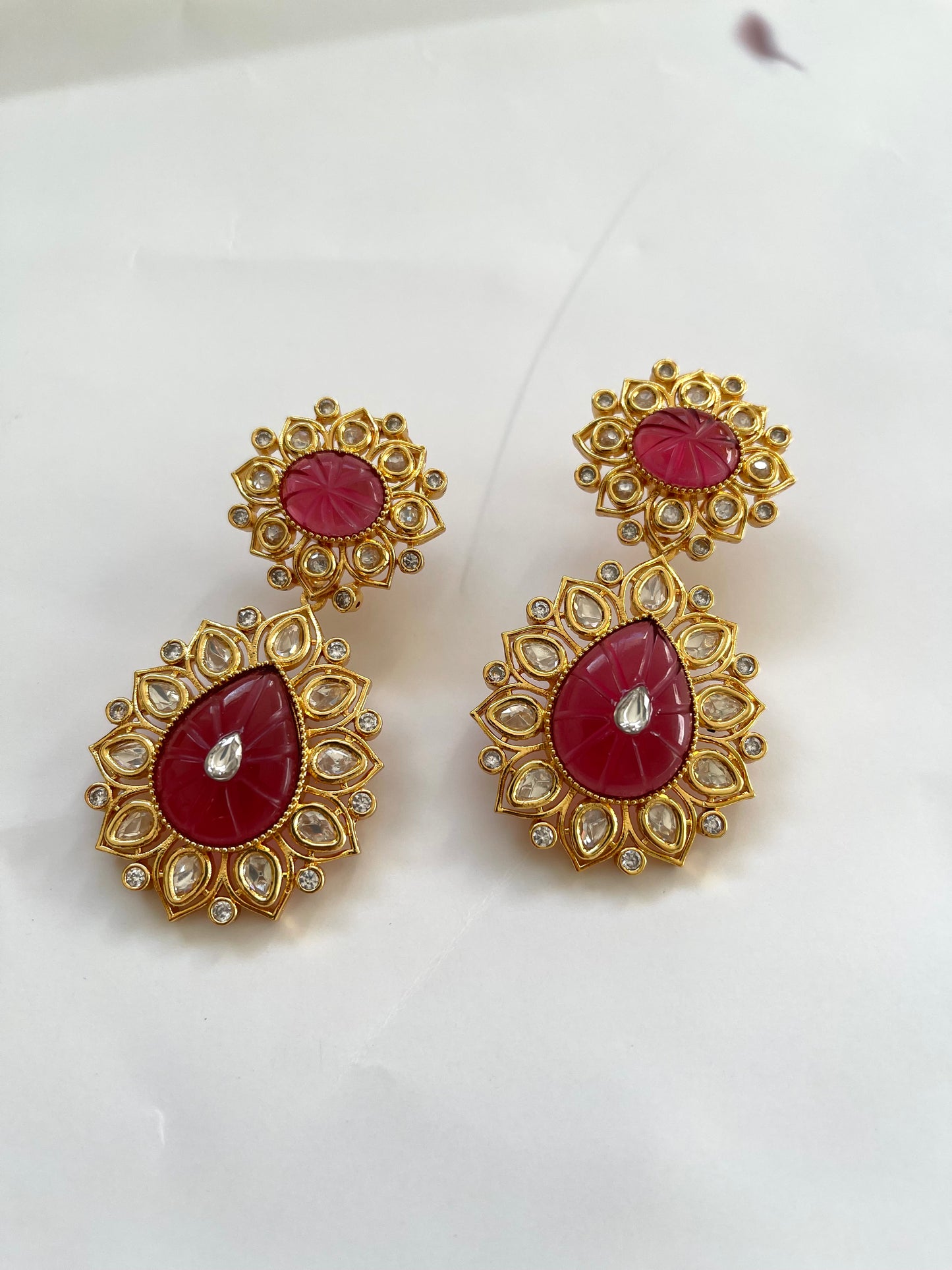 Uncut Polki Earrings in Ruby Red (Luxury Range) - Mannatjewelz