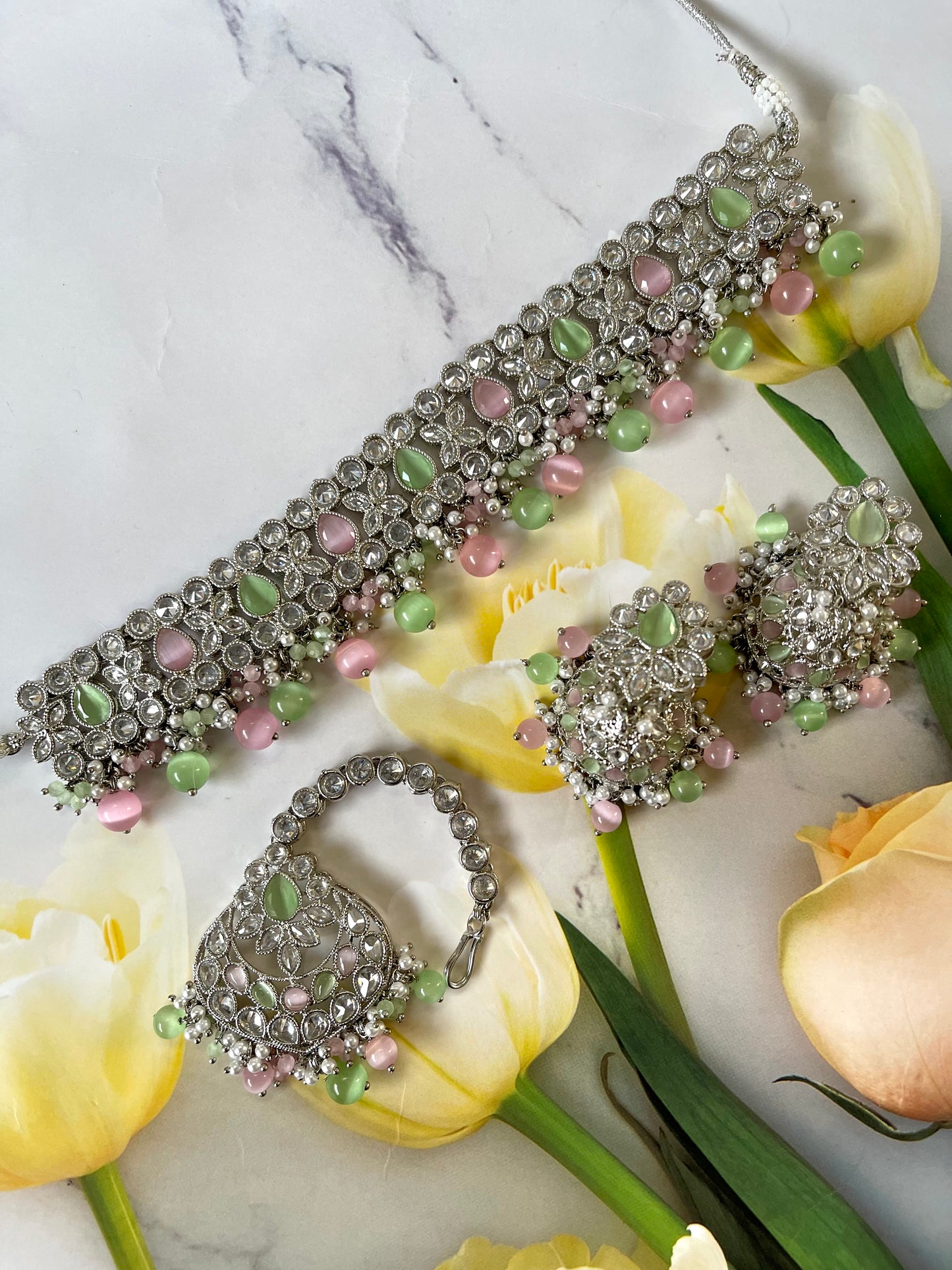 Polki Choker in Pastel Pink & Mint - Mannatjewelz