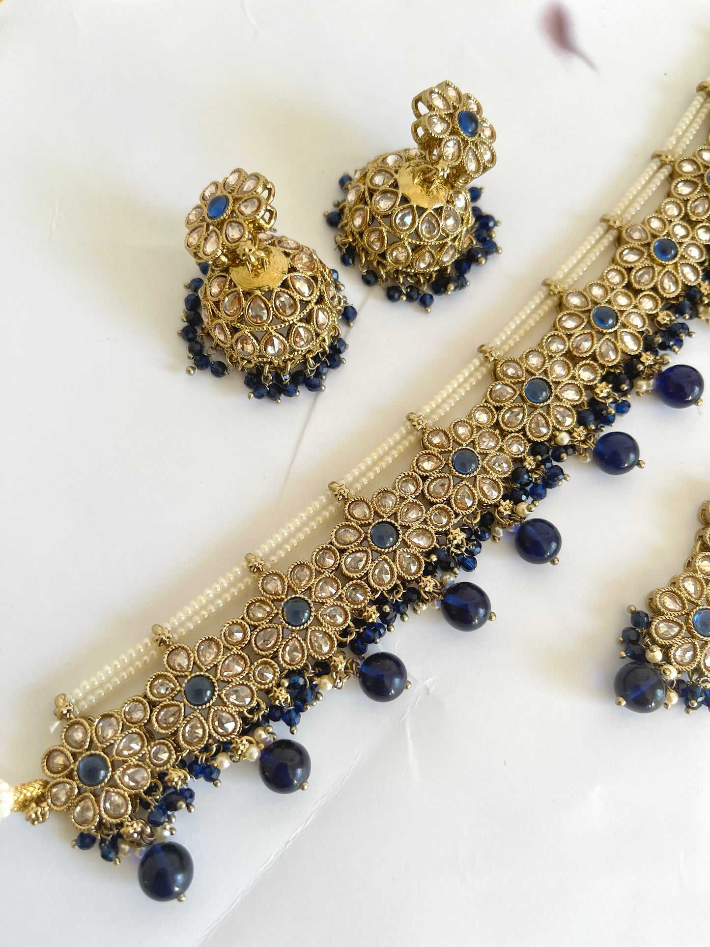 Polki Choker w/ Jhumki (Blue) - Mannatjewelz