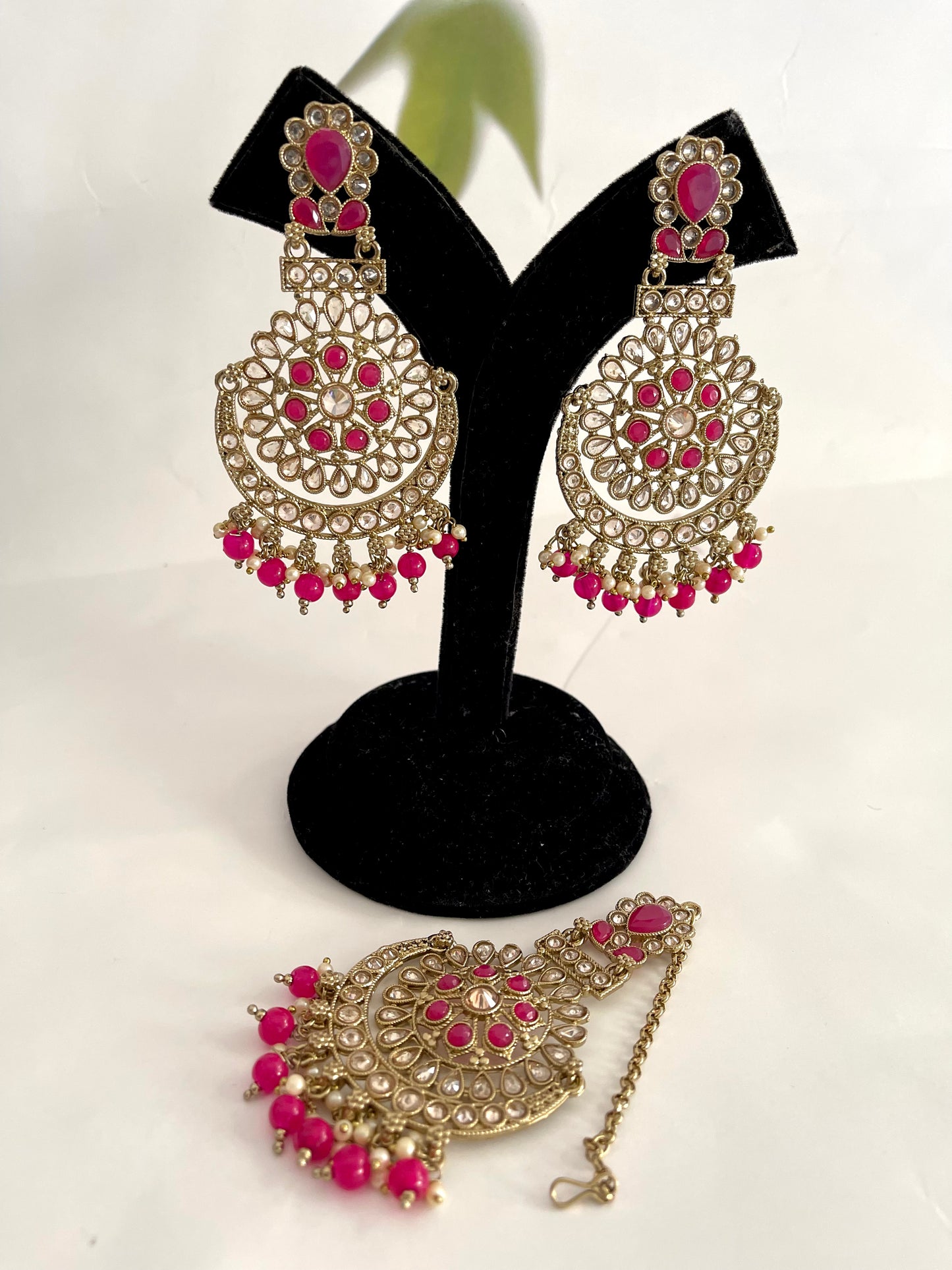 Polki Earrings & Tikka Set in Pink - Mannatjewelz