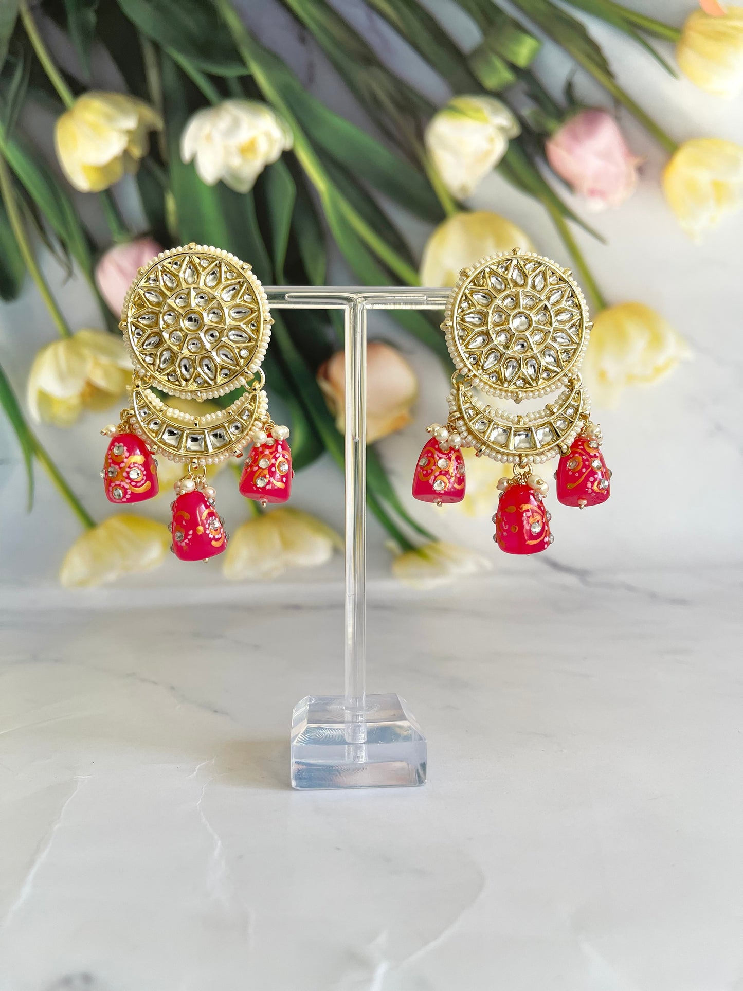 Kundan Earrings Hot Pink - Mannatjewels