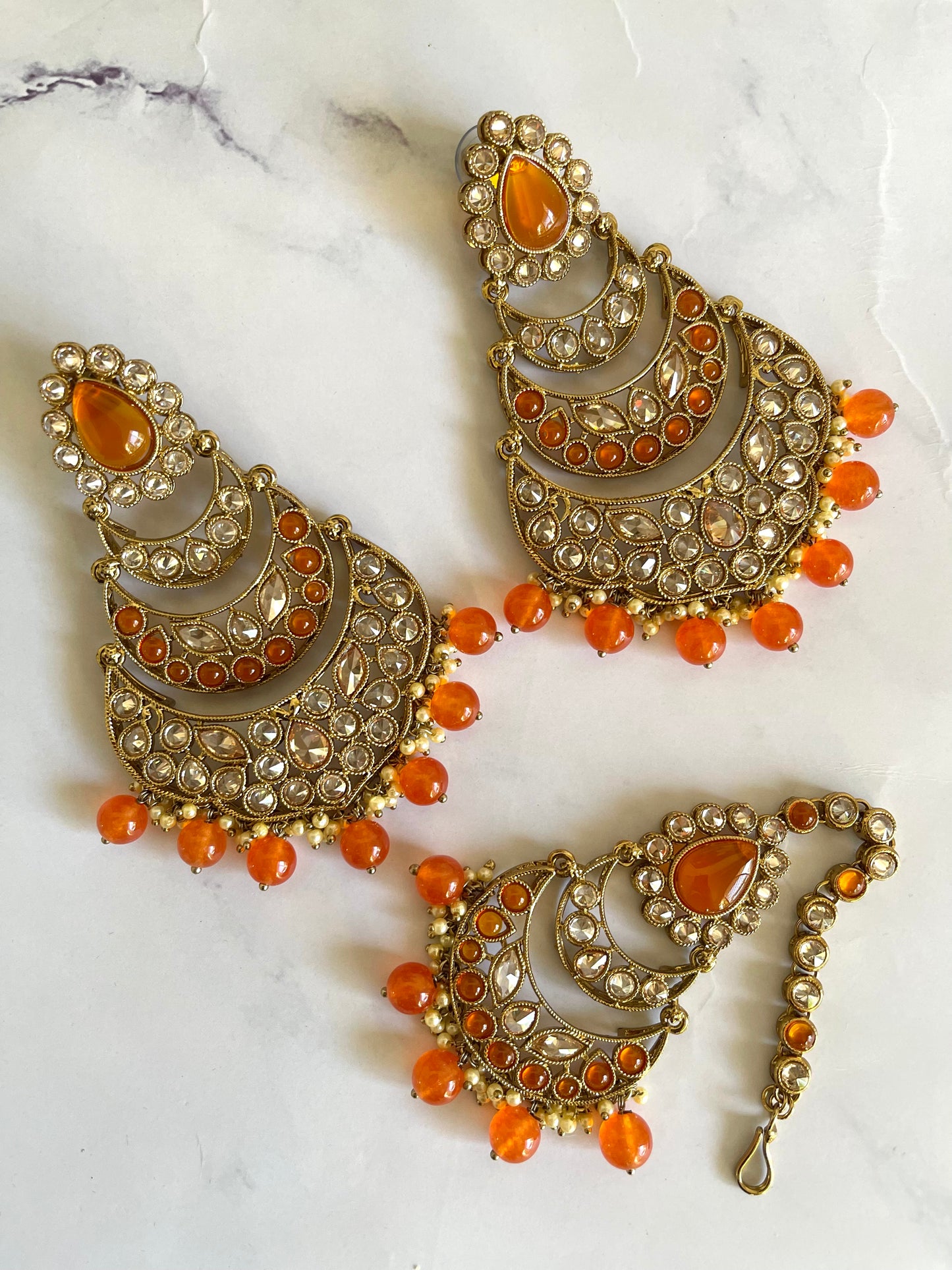 Reverse AD Tikka Set in Orange - Mannatjewelz