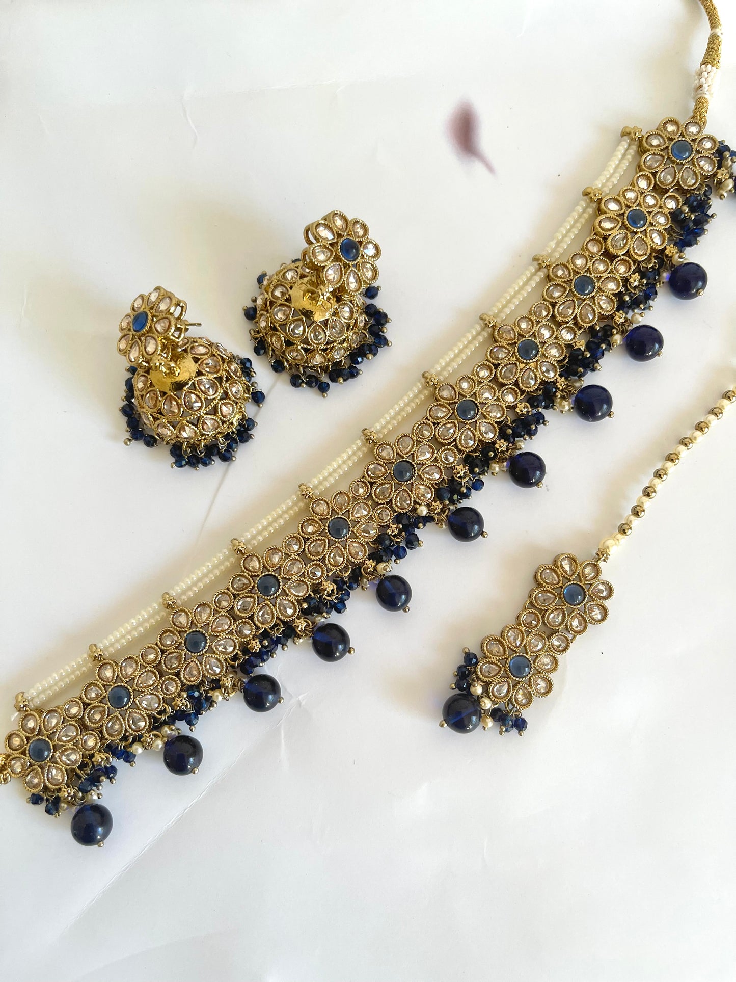 Polki Choker w/ Jhumki (Blue) - Mannatjewelz