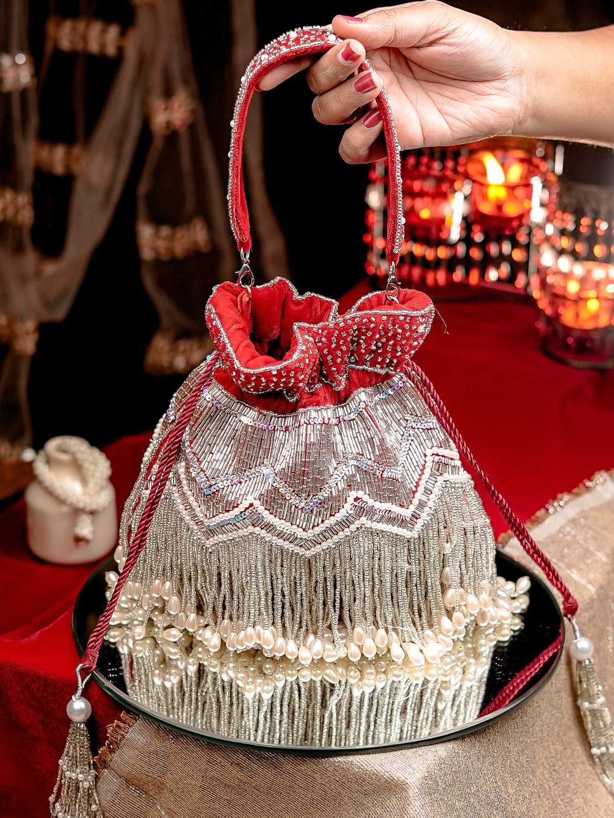 Royal Red & Silver Fringe Potli