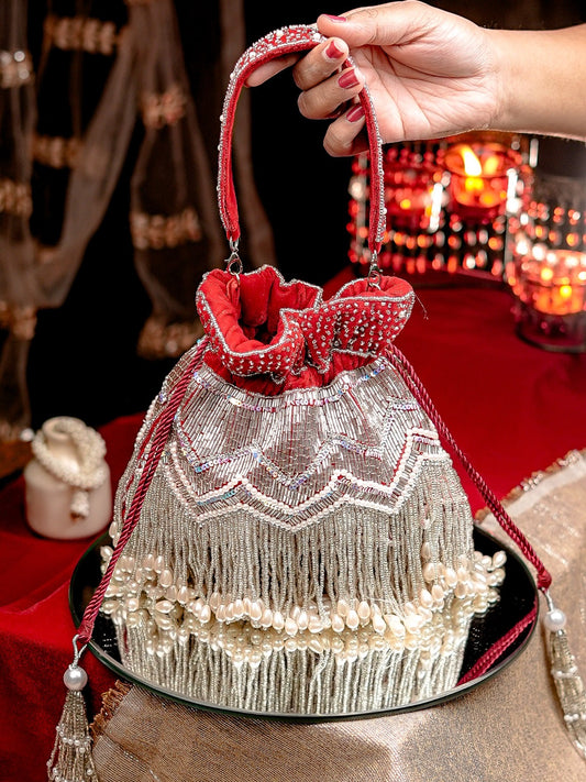 Royal Red & Silver Fringe Potli