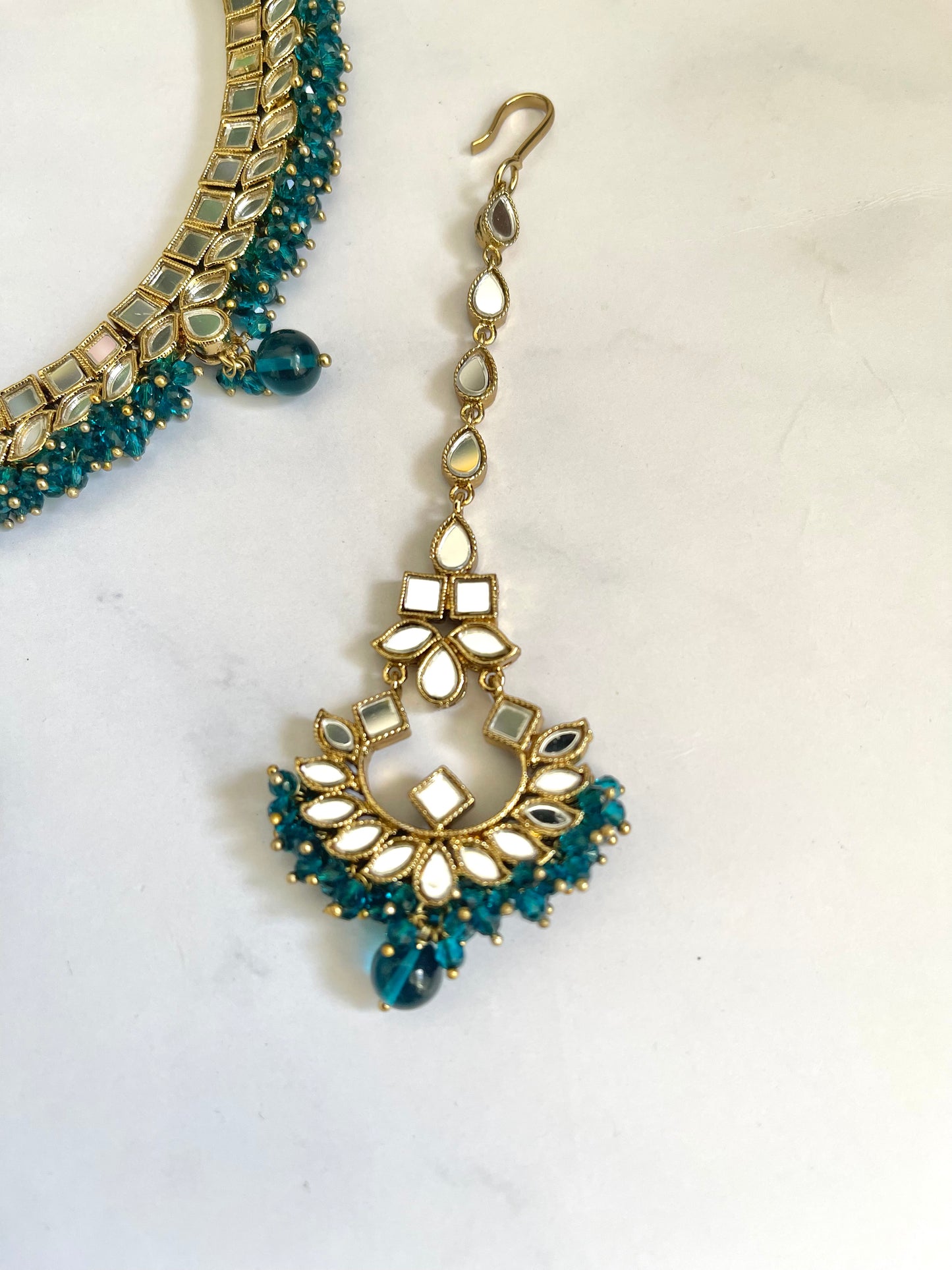 Peacock Blue Mirror Necklace Set