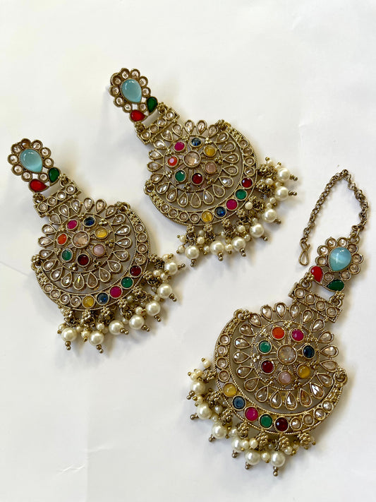 Polki Earrings & Tikka Set in Multi - Mannatjewelz