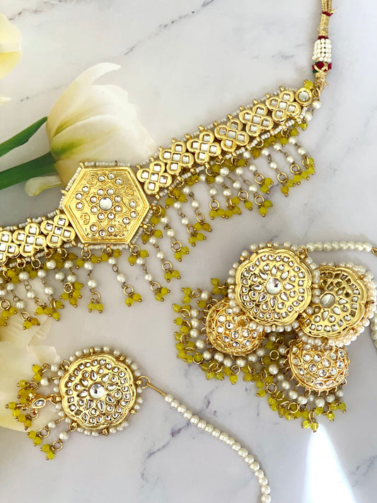 Gold Plated Thapa Kundan Set in Greenish Yellow- Mannatjewels