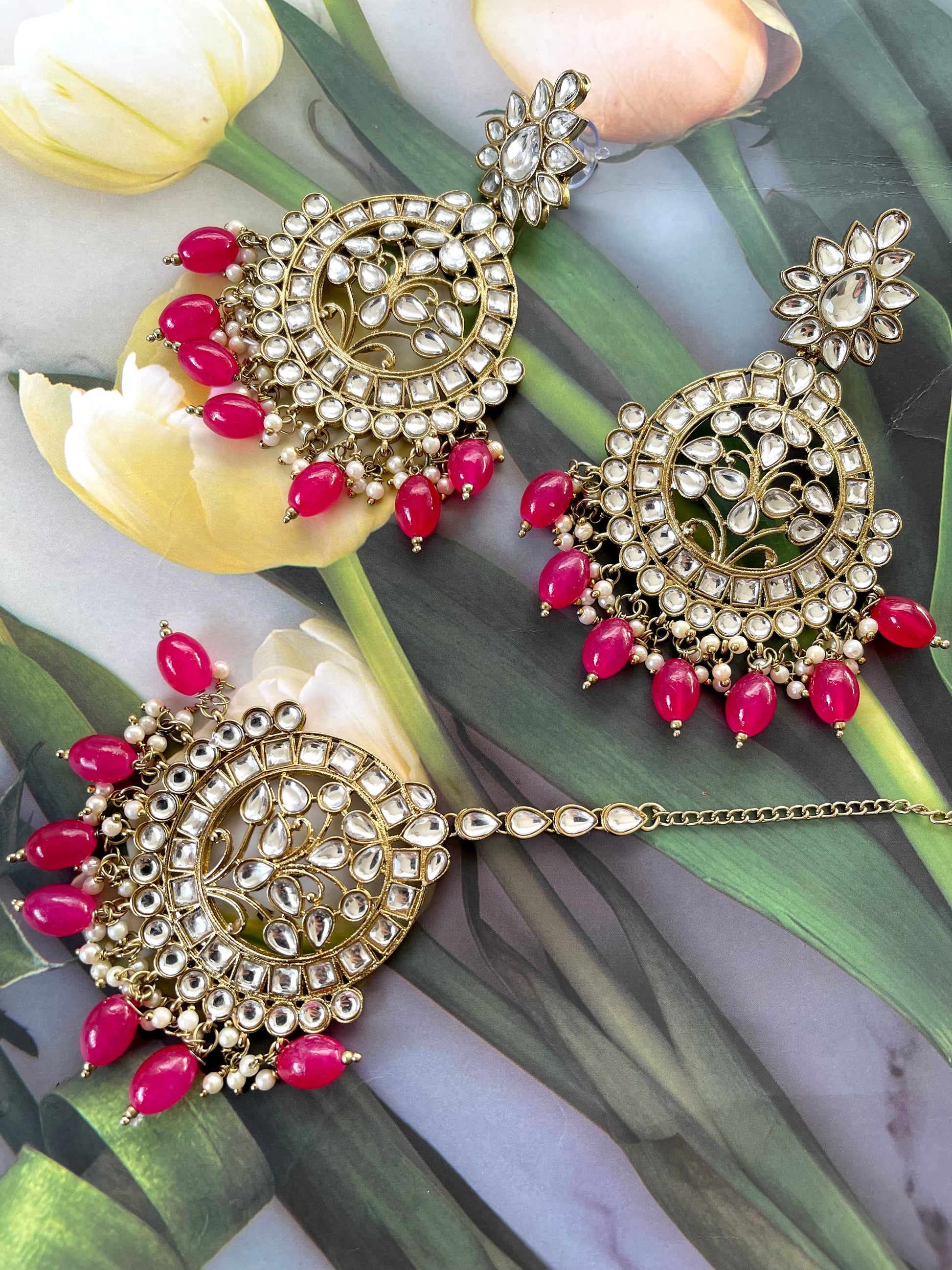 Kundan Earrings & Tikka Set in Pink - Mannatjewels