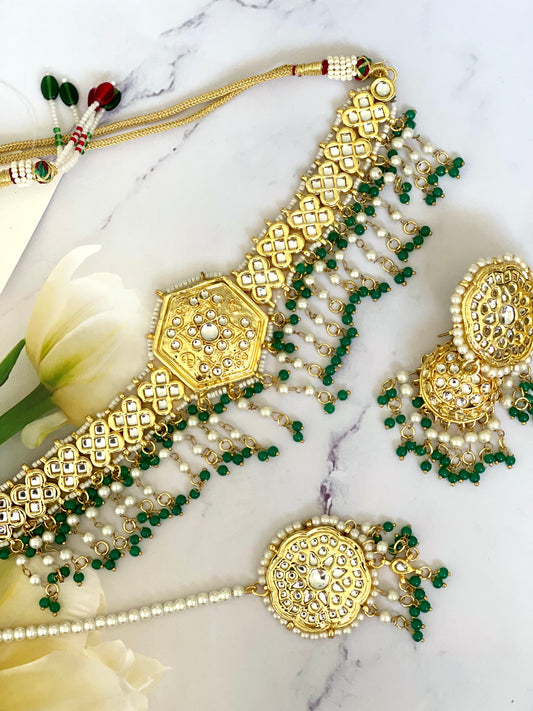 Gold Plated Thapa Kundan Set in Firozi- Mannatjewels