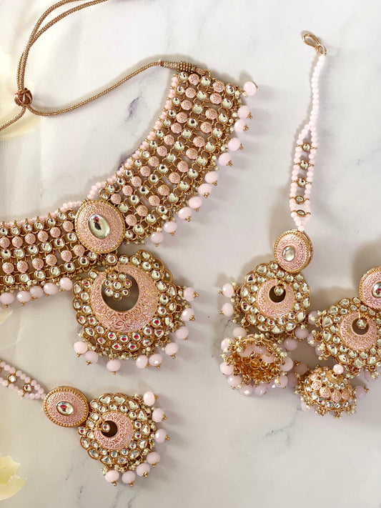 Hand Painted Meenakari & Kundan Set in Baby Pink - Mannatjewels