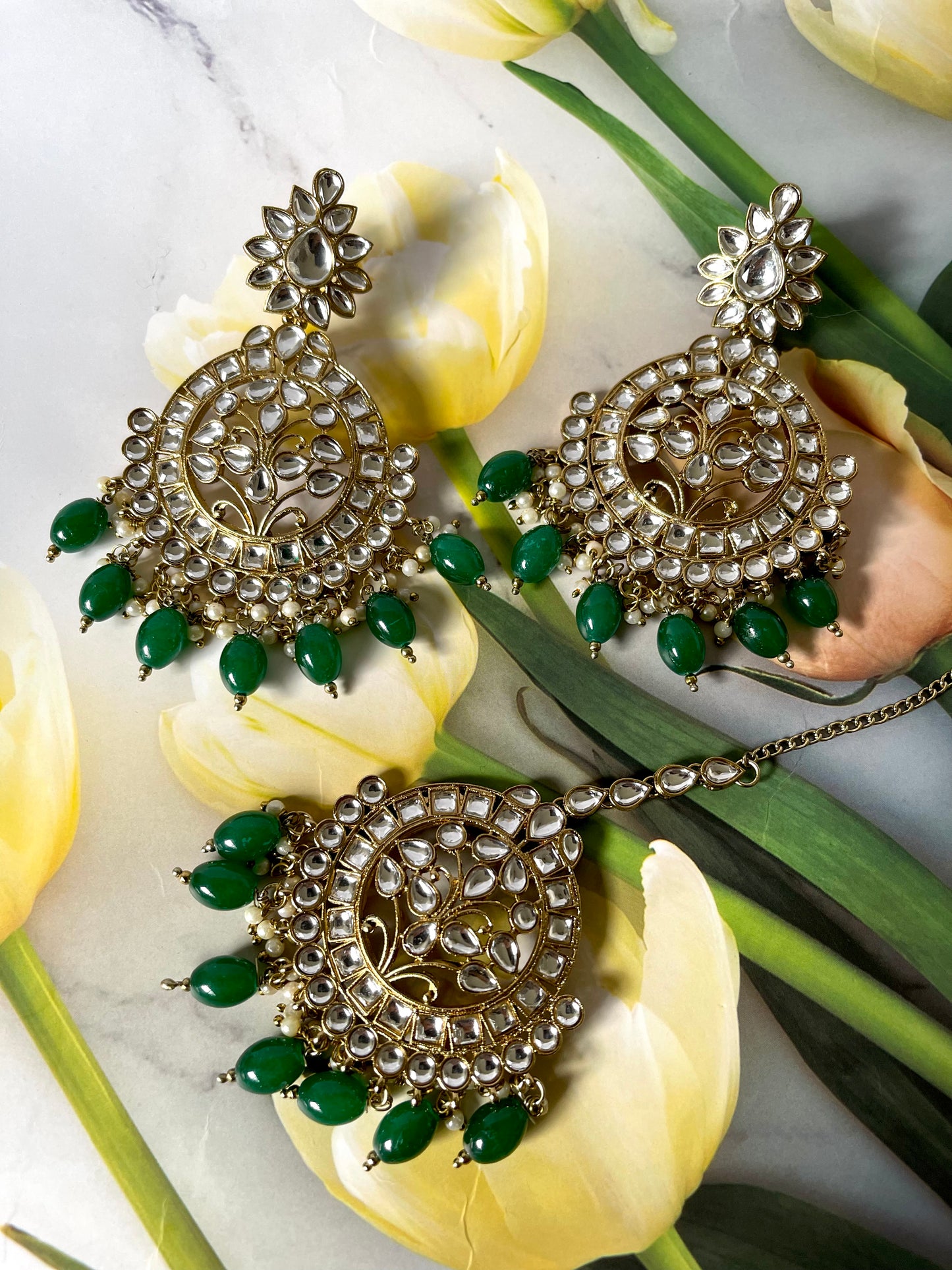 Kundan Earrings & Tikka Set in Green - Mannatjewels
