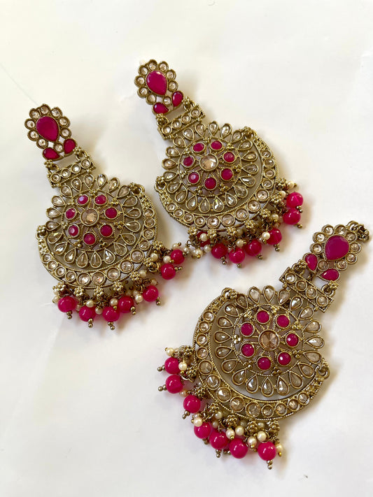 Polki Earrings & Tikka Set in Pink - Mannatjewelz