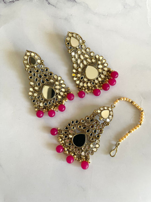 Mirror Tikka Set in Hot Pink - Mannatjewels 