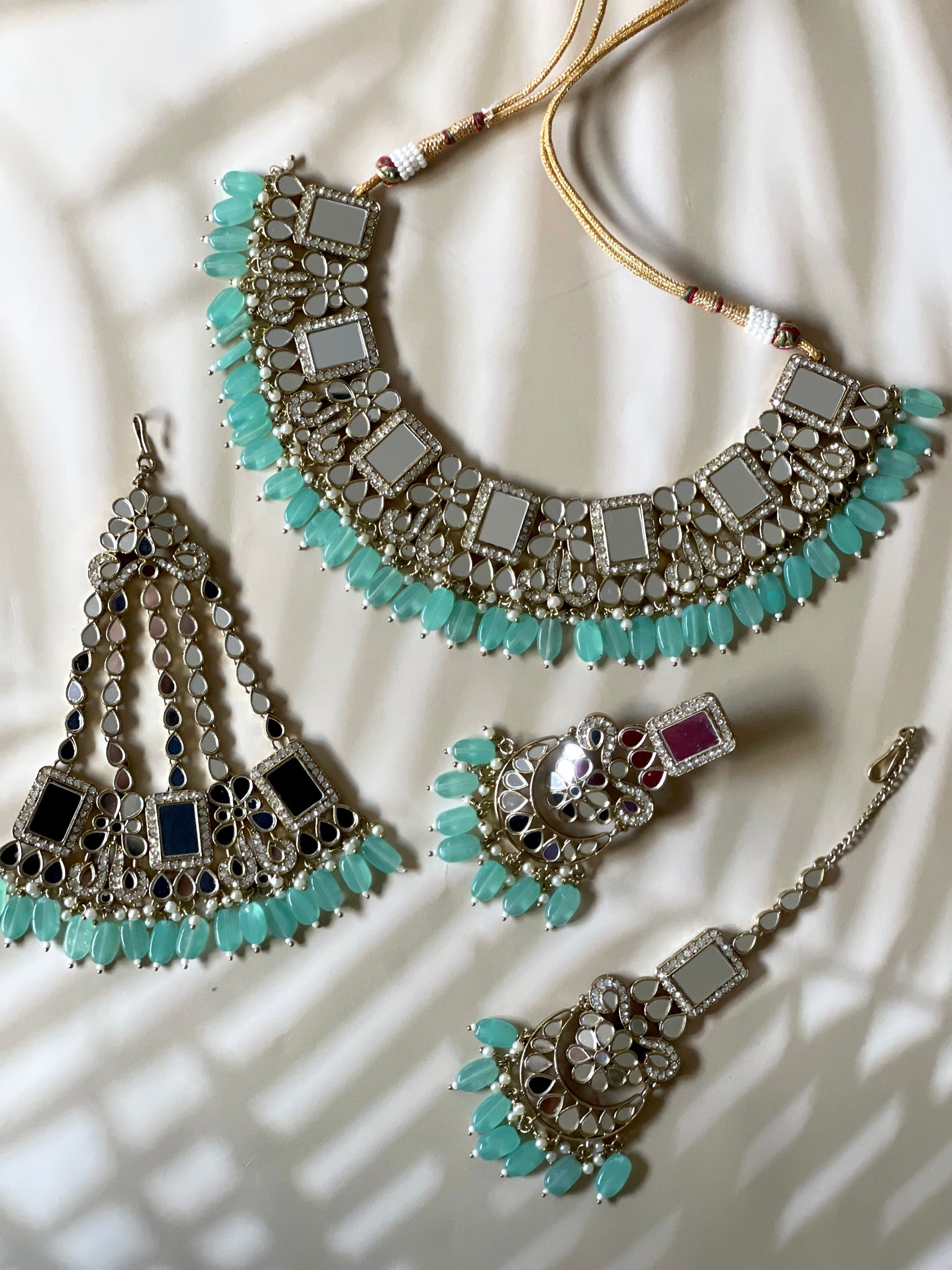 Sheesha Kundan Necklace Set w/ Earrings, Tikka & Passa in Mint - Mannatjewelz