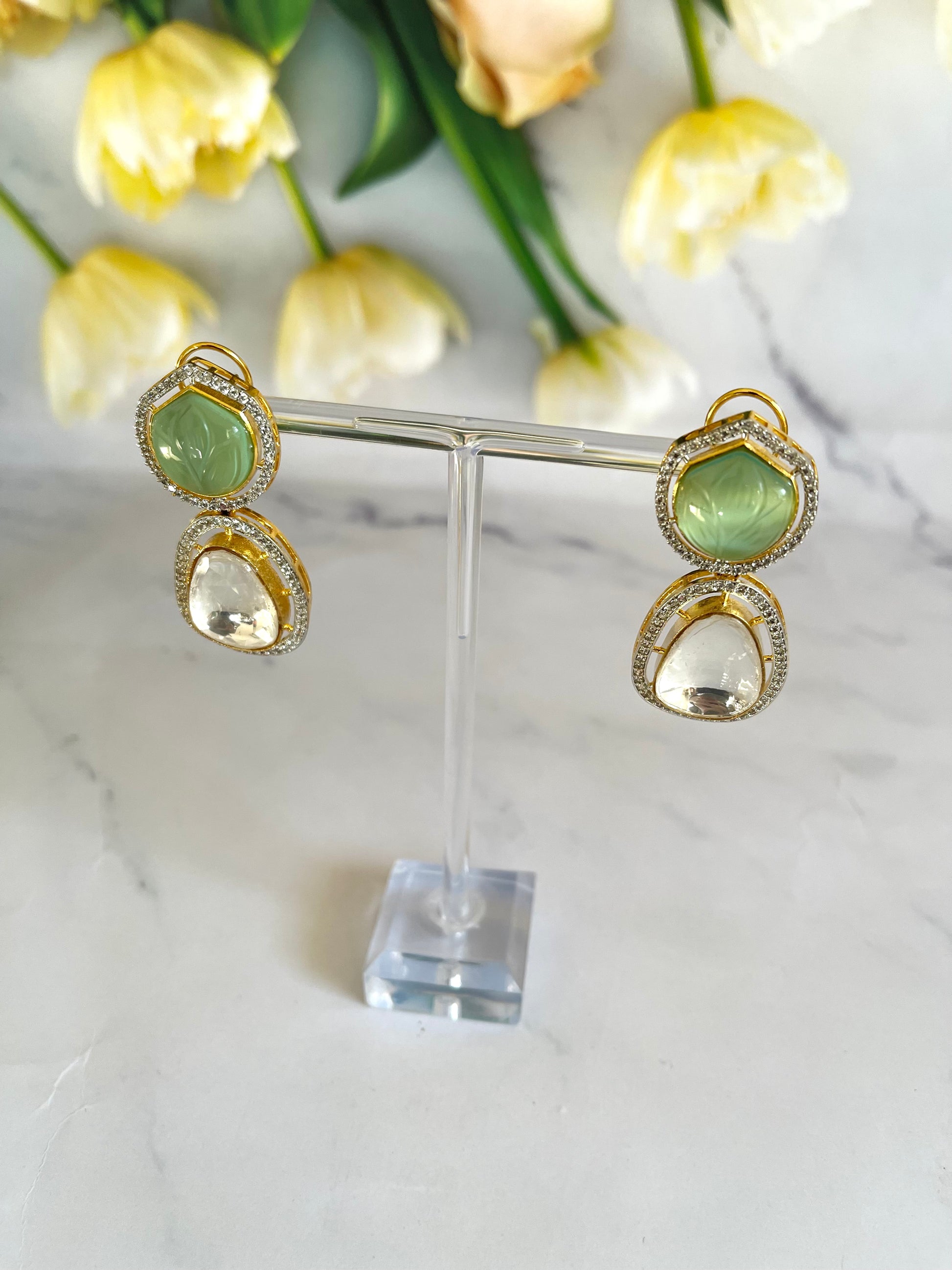 Uncut Earrings in Mint Green - Mannatjewelz