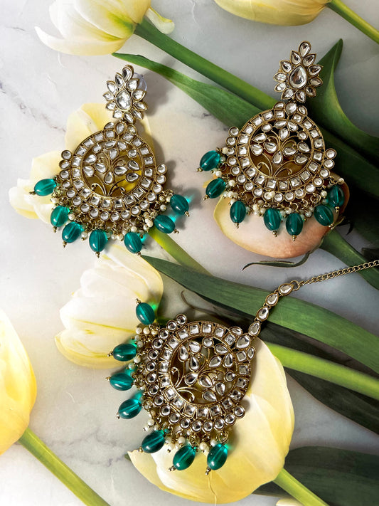 Kundan Earrings & Tikka in Pine Green - Mannatjewels