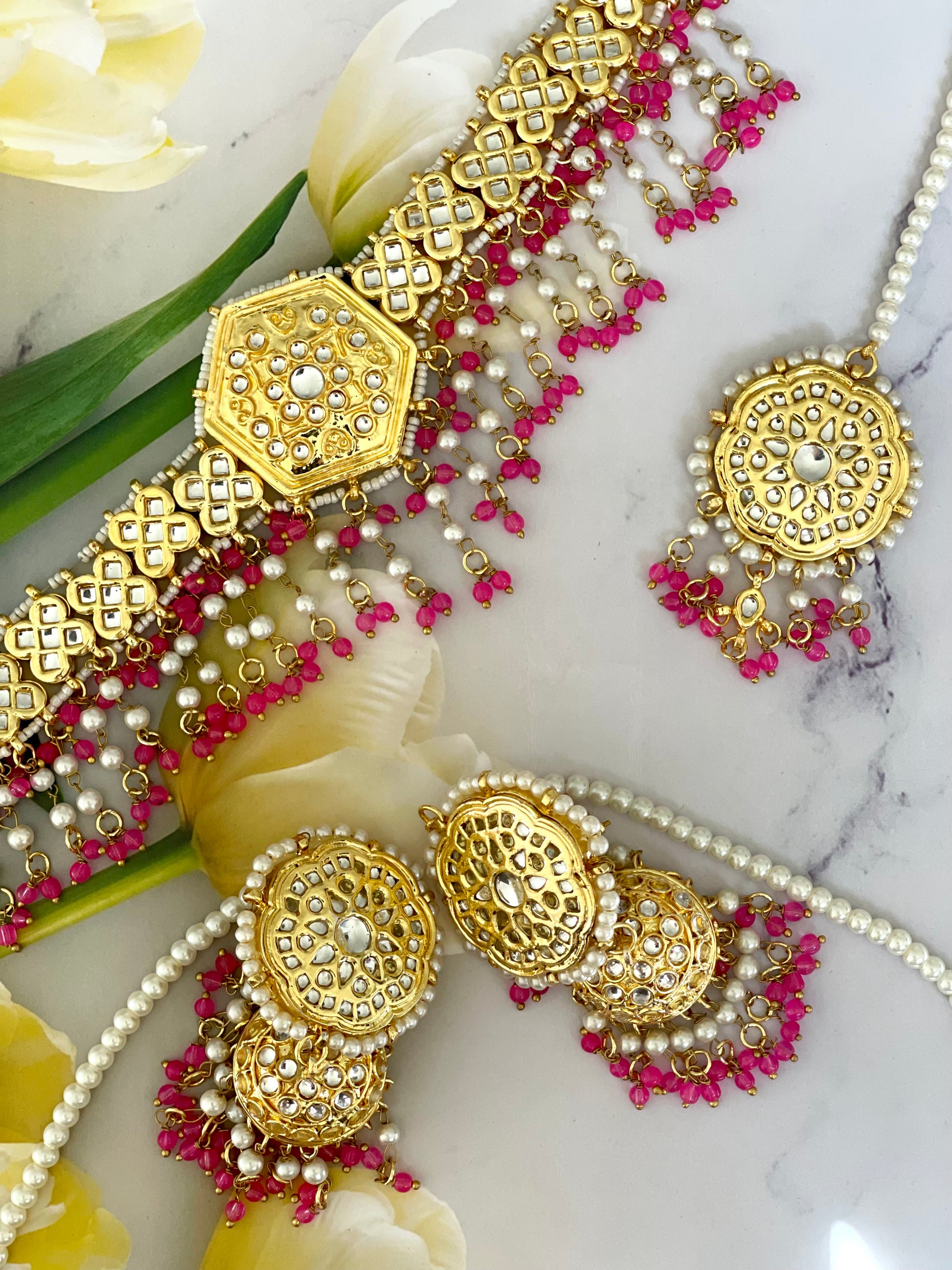 Gold Plated Thapa Kundan Set in Pink- Mannatjewels