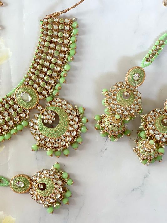 Hand Painted Meenakari & Kundan Set in Mint Green-Mannatjewels