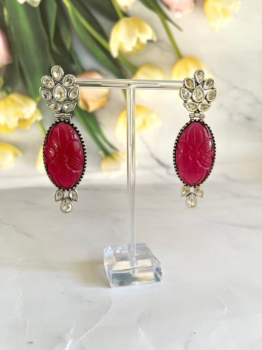 Uncut Polki & Carving Stone Earrings in Maroon - Mannatjewelz