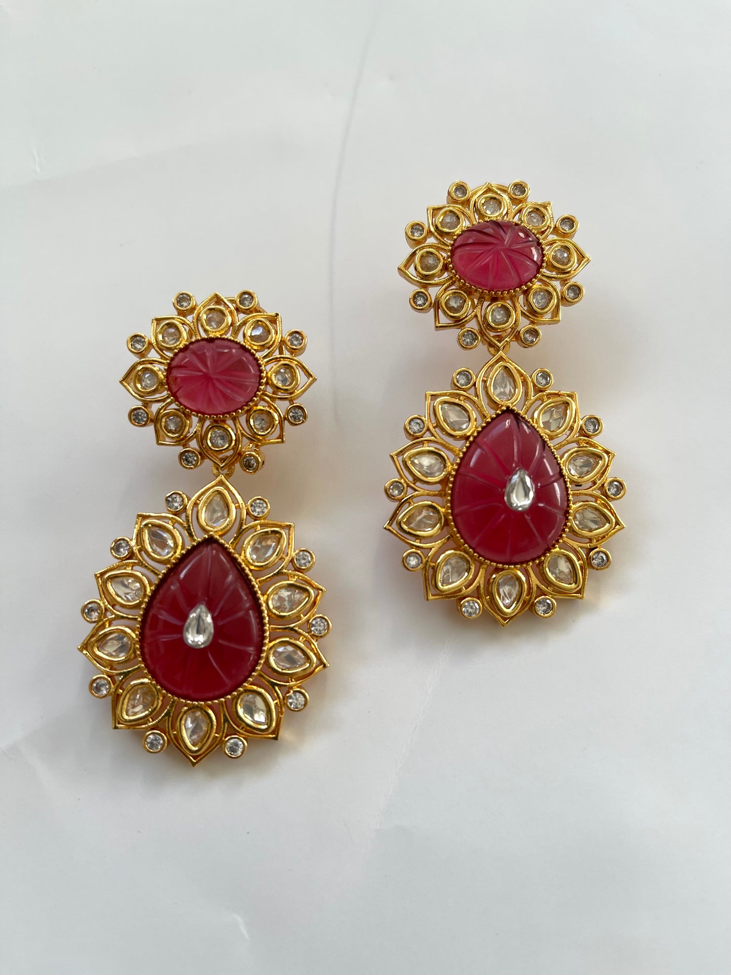 Uncut Polki Earrings in Ruby Red (Luxury Range) - Mannatjewelz