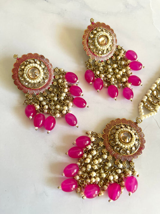 Reverse AD Tikka set in Hot Pink - Mannatjewelz