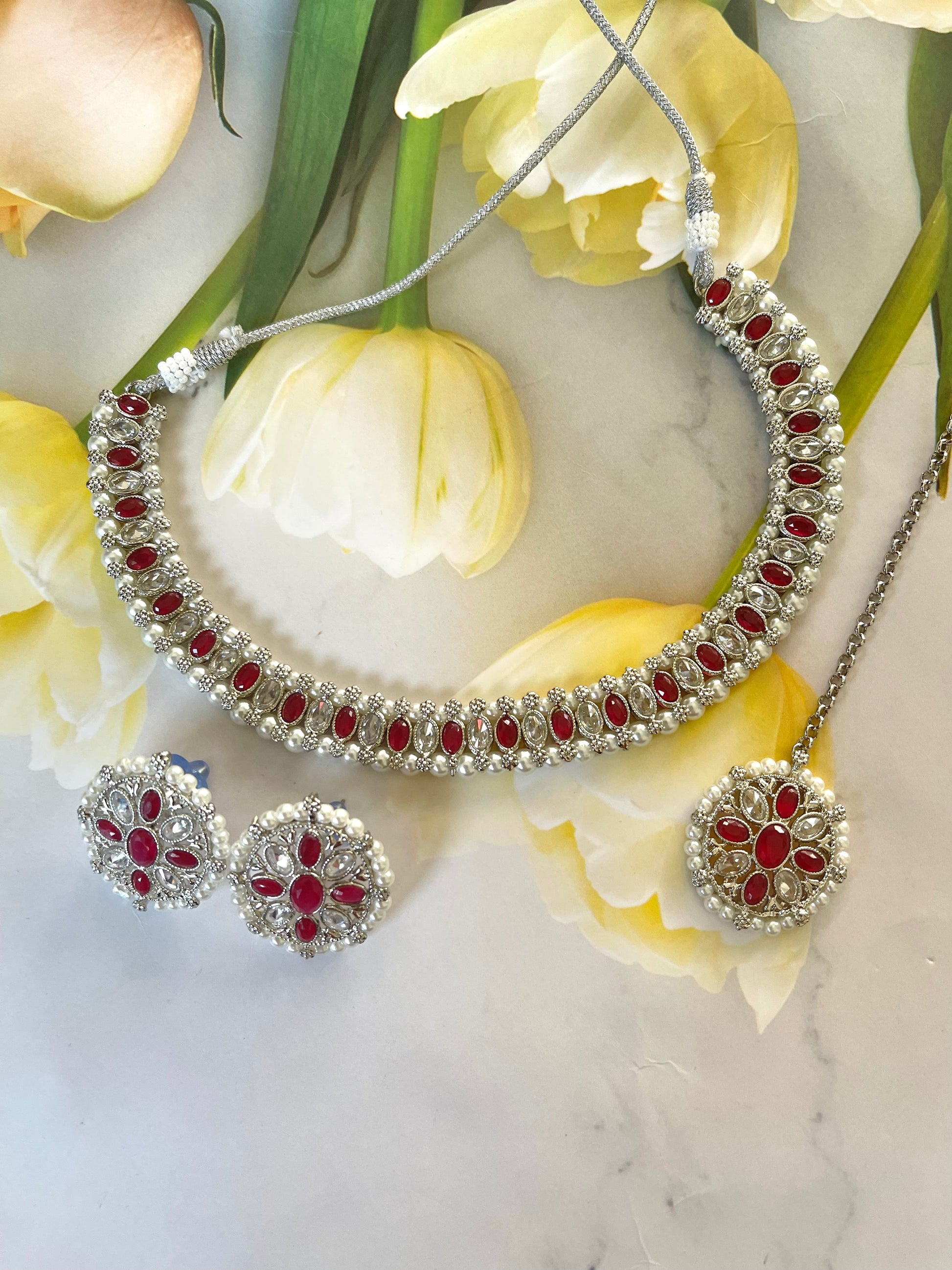 Polki Neckline Set in Red - Mannatjewelz