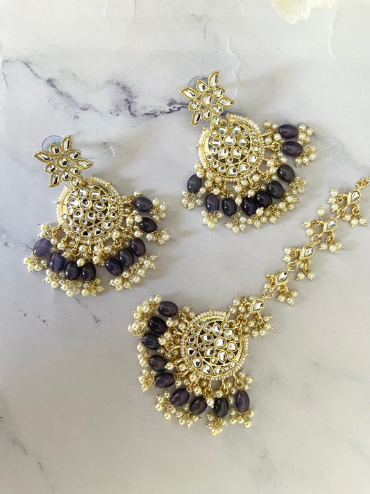 Kundan Tikka Set in Graphite - Mannatjewelz 